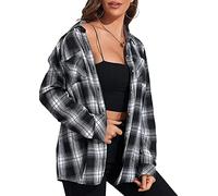 KevaMolly Plaid Flannel Shirts for Women Loose Fit Boyfriend Button Down Shirt Long Sleeve Casual Flannel Blouse Tops, Black White, M