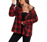 KevaMolly Plaid Flannel Shirts for Women Loose Fit Boyfriend Button Down Shirt Long Sleeve Casual Flannel Blouse Tops, Red Black, L