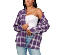 KevaMolly Plaid Long Sleeve Flannel Shirts for Women Loose Fit Boyfriend Button Down Shirt Casual Flannel Blouse Tops, Z20 Purple White, L