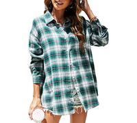 KevaMolly Plaid Long Sleeve Flannel Shirts for Women Loose Fit Boyfriend Button Down Shirt Casual Flannel Blouse Tops, Z16 Green Plaid, S