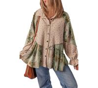 KevaMolly Waffle Knit Button Down Shirt for Women Ruffled Sleeve Boho Floral Plaid Patchwork Loose Boyfriend Shacket Tops, Green, S