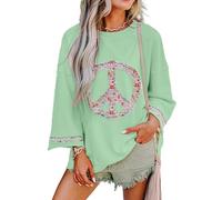 KevaMolly Womens Floral Peace Symbol Drop Shoulder Sweatshirt Oversize Crewneck Casual Pullover (Runs Large, Size Down), 2 Light Green, L