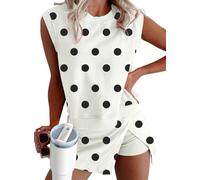 KevaMolly Womens Lounge Sets Ribbed Trim Polka Dot Print Tank Split Mini Skort 2pcs Set Sleeveless Polka Dot Sets, White Dot, S