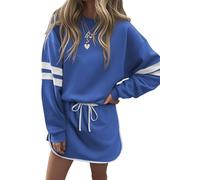 KevaMolly Womens Skirt Sets Varsity Stripe Detail Drop Shoulder Pullover Mini Skirt Set Casual Two Piece Sets, Sky Blue, S