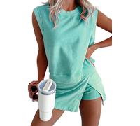 KevaMolly Women's Summer Two Piece Set, Mineral Washed Cotton, Sleeveless Top with Split Athletic Skirt, green, M