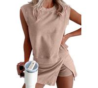 KevaMolly Womens Travel Outfits Summer Lounge Set Two Pieces Mineral Wash Cotton Tank Top Lined Split Athletic Skirt Set, Smoke Gray, S