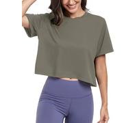 KevaMolly Workout Crop Tops for Women Loose Fit UPF50+ Breathable Yoga T Shirts Running Athletic Cropped Workout Tops, Olive Green, XL