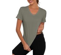 KevaMolly Workout Tops for Women V Neck UPF50+ Breathable Loose Fit Yoga T Shirts Short Sleeve Running Gym Athletic Tee Top, Light Olive Green, S