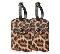Kevancho Leather Luggage Tags for Men Women, Suitcase Labels Baggage Bag Tag ID Tags with Full Back Privacy Cover for Cruise Ships, Travel Accessories Tags Set of 2 PCS (Leopard 01)