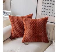 Kevin Textile Boho Cushion Covers 40 x 40 cm Set of 2 Soft Striped Corduroy Decorative Square Cushions Covers 16x16 Inch Pillowcases with Invisible Zipper for Chair Couch Sofa Bedroom, Burnt Brick