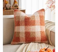 Kevin Textile Cozy Plaid Throw Pillow Covers 45x45cm Set of 1, Soft & Thick Vintage Autumn Farmhouse Decorative Cushion Covers for Couch Sofa Living Room, Orange