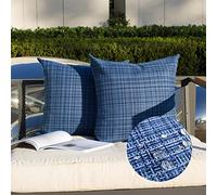 Kevin Textile Waterproof Cushion Covers 45x45 cm Set of 2 Outdoor Stripe Woven Texture Water Resistant Seat Cushions Cover 18x18 Inch for Garden Patio Balcony Couch Sofa Chair Seats, Navy Blue