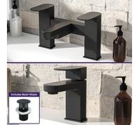 Kevon Mono Basin Mixer, Bath Filler & Waste - Matte Black, Brass, Ceramic Disc, Deck Mounted (Single & Twin Lever) - TAP10302B+TAP10306B+WST