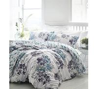 Kew Watercolour Floral Duvet Cover and Pillowcase Bed Set, Percale Cotton, Teal, King, teal-king
