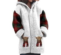 kewing Autumn Winter Women's Long Cardigans Highland Cow 3D Printed Hooded Knit Overcoat Warm Open Front Button Down Sweater Jumpers Fashion Y2K Ladies Cardigan