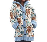 kewing Autumn Winter Women's Long Cardigans Highland Cow 3D Printed Hooded Knit Overcoat Warm Open Front Button Down Sweater Jumpers Fashion Y2K Ladies Cardigan