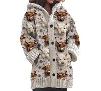 kewing Autumn Winter Women's Long Cardigans Highland Cow 3D Printed Hooded Knit Overcoat Warm Open Front Button Down Sweater Jumpers Fashion Y2K Ladies Cardigan