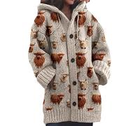 kewing Autumn Winter Women's Long Cardigans Highland Cow 3D Printed Hooded Knit Overcoat Warm Open Front Button Down Sweater Jumpers Fashion Y2K Ladies Cardigan