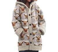 kewing Autumn Winter Women's Long Cardigans Highland Cow 3D Printed Hooded Knit Overcoat Warm Open Front Button Down Sweater Jumpers Fashion Y2K Ladies Cardigan