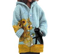 kewing Autumn Winter Women's Long Cardigans Highland Cow 3D Printed Hooded Knit Overcoat Warm Open Front Button Down Sweater Jumpers Fashion Y2K Ladies Cardigan