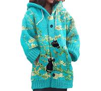 kewing Autumn Winter Women's Long Cardigans Highland Cow 3D Printed Hooded Knit Overcoat Warm Open Front Button Down Sweater Jumpers Fashion Y2K Ladies Cardigan