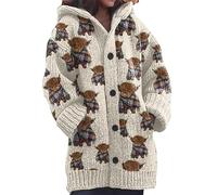 kewing Autumn Winter Women's Long Cardigans Highland Cow 3D Printed Hooded Knit Overcoat Warm Open Front Button Down Sweater Jumpers Fashion Y2K Ladies Cardigan
