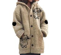kewing Autumn Winter Women's Long Cardigans Highland Cow 3D Printed Hooded Knit Overcoat Warm Open Front Button Down Sweater Jumpers Fashion Y2K Ladies Cardigan
