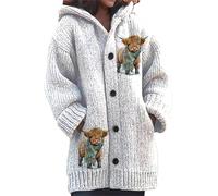 kewing Autumn Winter Women's Long Cardigans Highland Cow 3D Printed Hooded Knit Overcoat Warm Open Front Button Down Sweater Jumpers Fashion Y2K Ladies Cardigan
