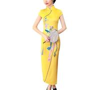 kewing Chinese Qipao Flower Print Stand Collar Short Sleeve Cheongsam Side Slitting Hem Women Maxi Dress