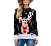 kewing Christmas Jumper for Women - Casual Knitted Jumpers Sweater Reindeer Snowflake Round Neck Pullover Tops Black