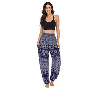 kewing Harem Pants for Womens Hippie Boho Yoga Trousers with Elephant Pattern- High Waisted Baggy Trousers Thai Yoga Pants