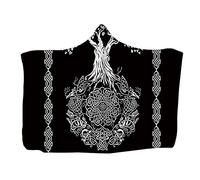 kewing Hooded Throw Blanket Wearable Viking Tattoo Print Flannel Cape Cloak Blanket for Sofa Napping Blankets Childs Adults