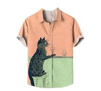 kewing Men 3D Funny Cat Printed Shirt Casual Button Down Short Sleeve Shirts Regular Fit Lapel Collar Shirts Summer Beach Holiday Top