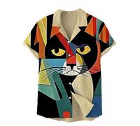 kewing Men 3D Funny Cat Printed Shirt Casual Button Down Short Sleeve Shirts Regular Fit Lapel Collar Shirts Summer Beach Holiday Top