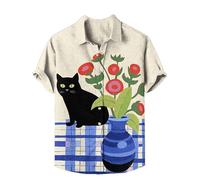kewing Men 3D Funny Cat Printed Shirt Casual Button Down Short Sleeve Shirts Regular Fit Lapel Collar Shirts Summer Beach Holiday Top