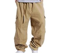kewing Mens Hip Hop Skateboard Pants Straight Leg Baggy Street Fashion Cargo Pants Solid Color Casual Trousers Khaki