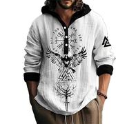 kewing Men's Hooded Half-Cardigan Linen Long Sleeve Shirts Viking Wolf Patterned Buttons Placket Spring Autumn Lapel Blouses Pullover Shirts