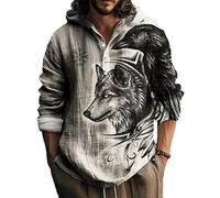 kewing Men's Hooded Half-Cardigan Linen Long Sleeve Shirts Viking Wolf Patterned Buttons Placket Spring Autumn Lapel Blouses Pullover Shirts