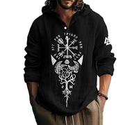 kewing Men's Hooded Half-Cardigan Linen Long Sleeve Shirts Viking Wolf Patterned Buttons Placket Spring Autumn Lapel Blouses Pullover Shirts