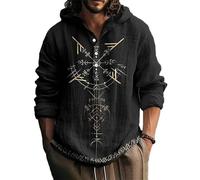 kewing Men's Hooded Half-Cardigan Linen Long Sleeve Shirts Viking Wolf Patterned Buttons Placket Spring Autumn Lapel Blouses Pullover Shirts