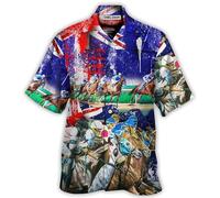 kewing Men's Horse Race 3D Printed T-Shirt Button Down Short Sleeve Lapel Collar Sport Breathable Cardigan Men Fashion Hawaiian Shirts