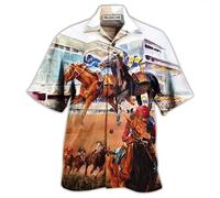 kewing Men's Horse Race 3D Printed T-Shirt Button Down Short Sleeve Lapel Collar Sport Breathable Cardigan Men Fashion Hawaiian Shirts