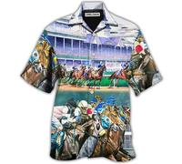kewing Men's Horse Race 3D Printed T-Shirt Button Down Short Sleeve Lapel Collar Sport Breathable Cardigan Men Fashion Hawaiian Shirts