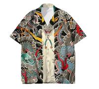 kewing Men's Japanese Samurai Tattoo Printed Shirts Casual Short Sleeve Button Down Shirt Summer Tropical Holiday Beach Shirts Top