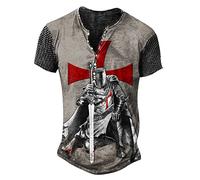 kewing Men's Knights Templar 3D Print T-Shirt Retro Short Sleeve Distressed Henley Shirts