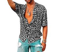 kewing Men's Leopard Print Shirts Fashion Short Sleeve Button Down Retro Shirt Grey