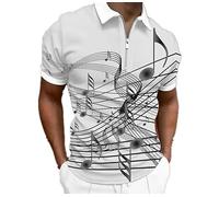 kewing Men's Music Notes Print T Shirt Music Series Pattern Half Zip Lapel Collar Polo Shirt Vintage Short Sleeve Streetwear Tops White