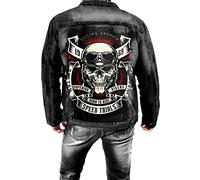 kewing Men's Punk Denim Jacket Skull Print Motorcycle Biker Racing Retro Denim Jacket Slim Long Sleeve Streetwear Lapel Jacket
