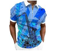 kewing Men's Saxophone Print T Shirt Musical Instrument Pattern Half Zip Lapel Collar Polo Shirt Vintage Short Sleeve Streetwear Tops Blue