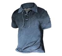 kewing Men's V-Neck Lace Up Short Sleeve Polo Shirt Vintage Gradient Pattern Polo T Shirt Retro Biker Motorcycle Distressed Shirt Outdoor Street Pullover Tops Blue